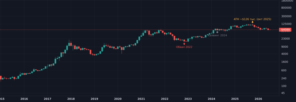 График цены криптовалюты биткоин с 2015 по 2026 год, рыночные циклы и исторический максимум