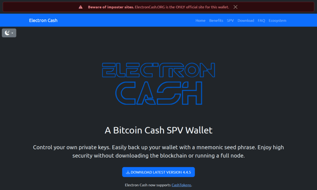 Скриншот официального сайта Electron Cash, SPV-кошелька для Bitcoin Cash