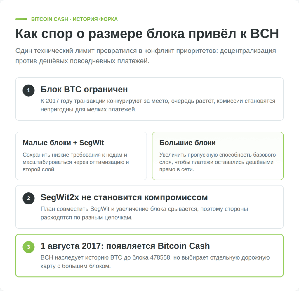 Схема появления Bitcoin Cash из спора о размере блока биткоина