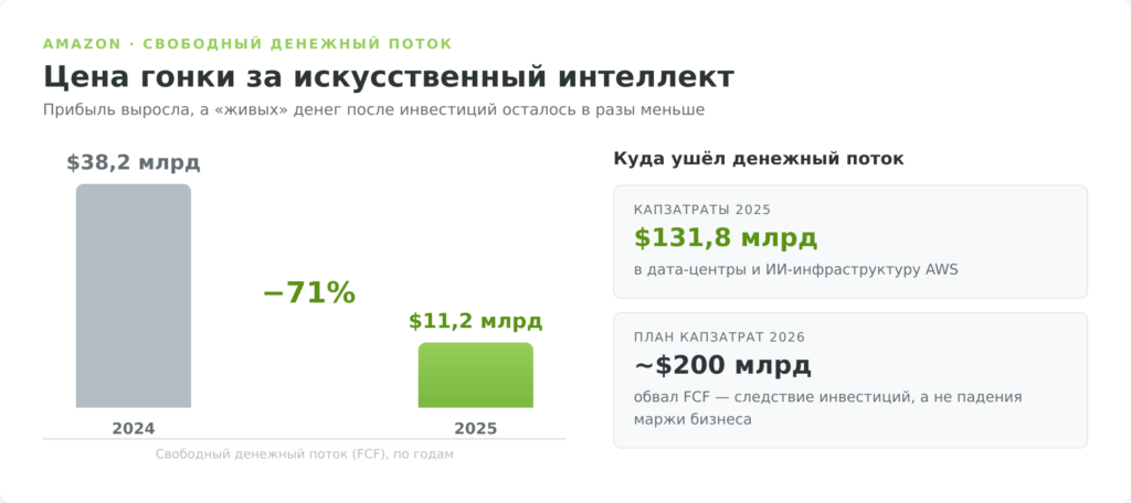 Свободный денежный поток Amazon упал с 38,2 до 11,2 млрд долларов в 2025 году на фоне капзатрат 131,8 млрд