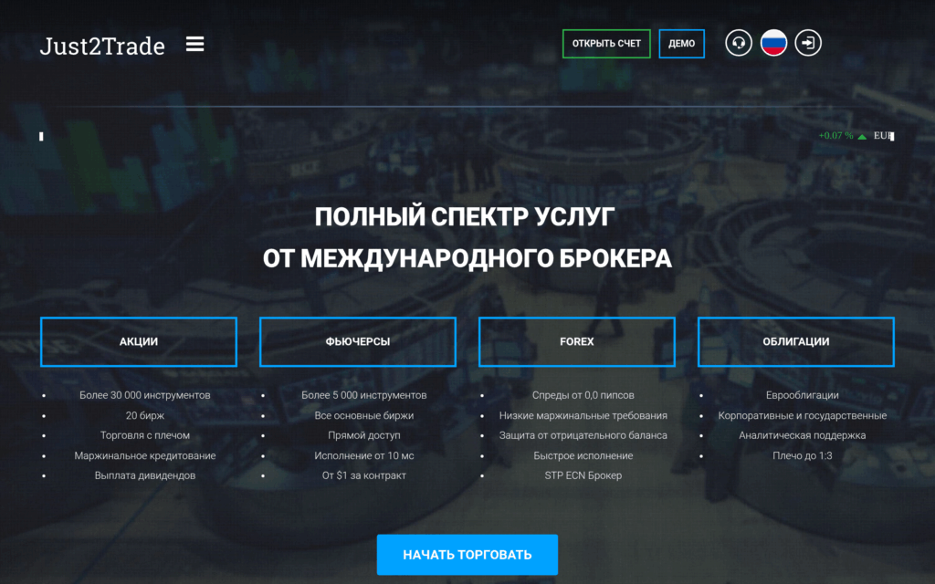 Публичная страница Just2Trade для открытия счёта и доступа к зарубежным рынкам