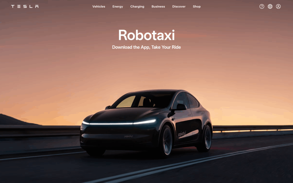 Официальная страница Tesla Robotaxi с призывом скачать приложение