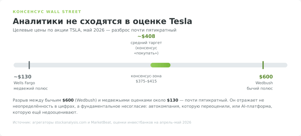 Разброс целевых цен аналитиков по акции Tesla, май 2026