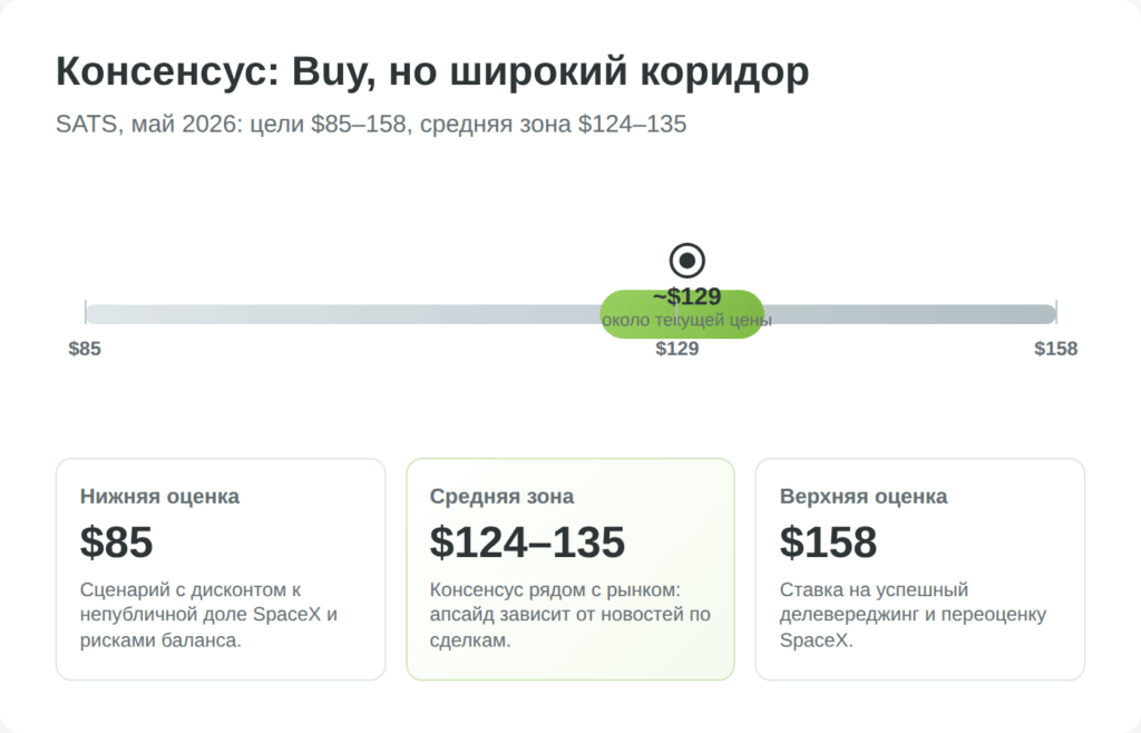 Диапазон целевых цен аналитиков по акциям EchoStar SATS