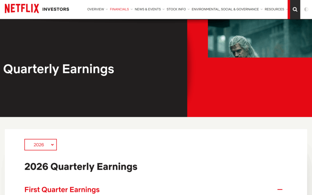 Страница Quarterly Earnings на сайте Netflix Investor Relations