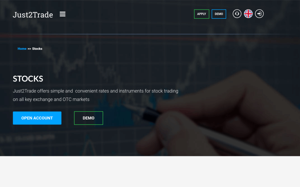 Публичная страница Just2Trade Stocks с доступом к акциям