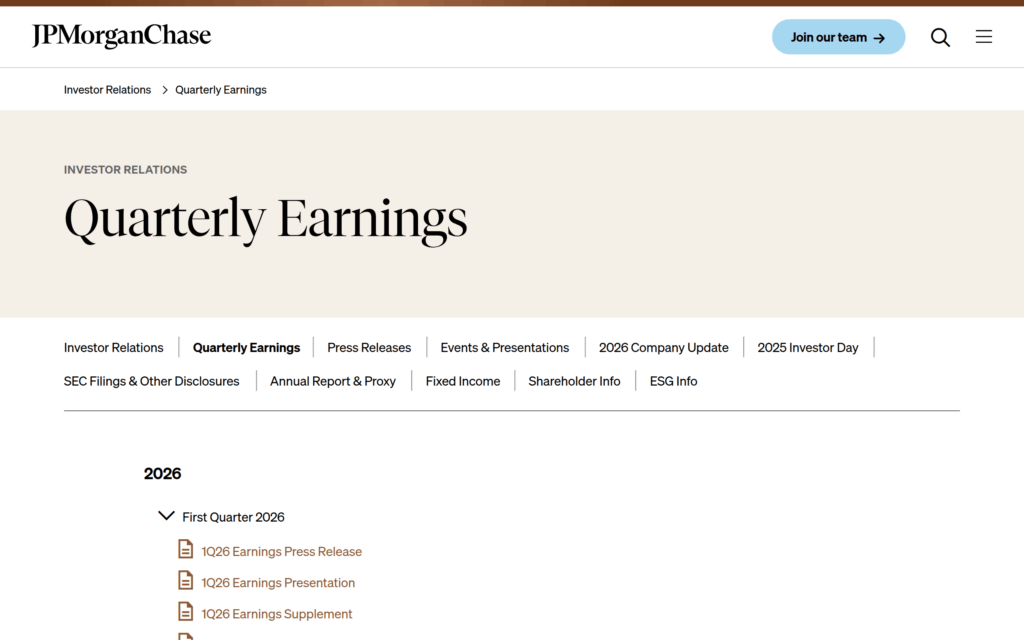 Раздел Quarterly Earnings JPMorgan Chase на сайте Investor Relations