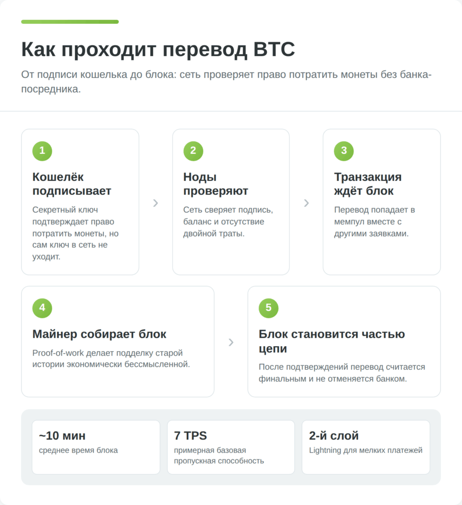 Схема работы транзакции биткоина через ноды, блок и майнинг