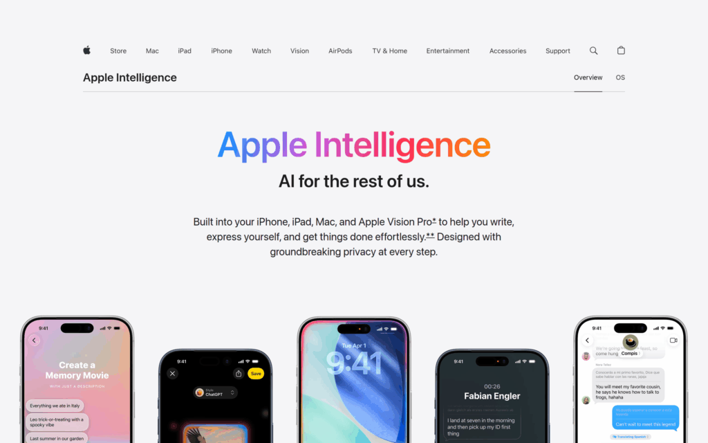 Официальная страница Apple Intelligence с примерами функций на iPhone