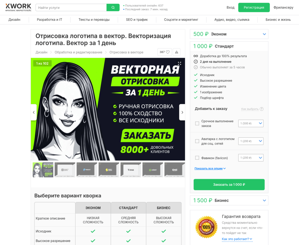 Страница кворка на Kwork с пакетами Эконом, Стандарт и Бизнес и опциями заказа