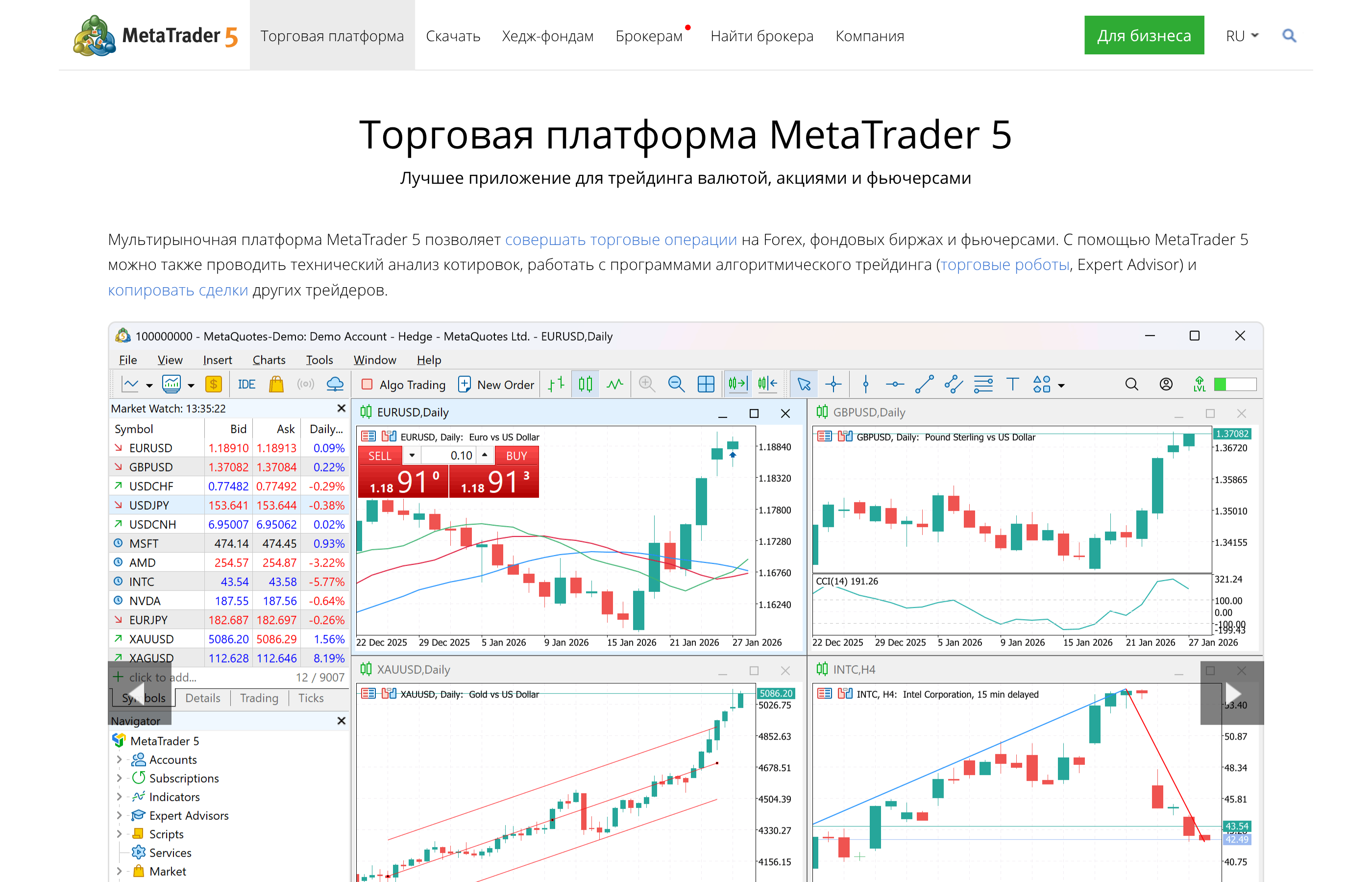 Интерфейс торговой платформы MetaTrader с графиками валютных пар и демо-счётом