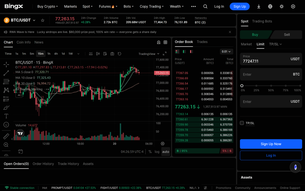 Публичный спотовый терминал BingX BTC USDT с графиком, стаканом и формой ордера