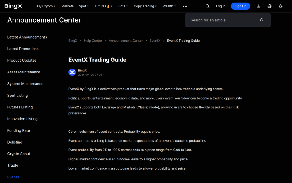 Официальный гайд BingX EventX с описанием торговли событиями и вероятностной цены
