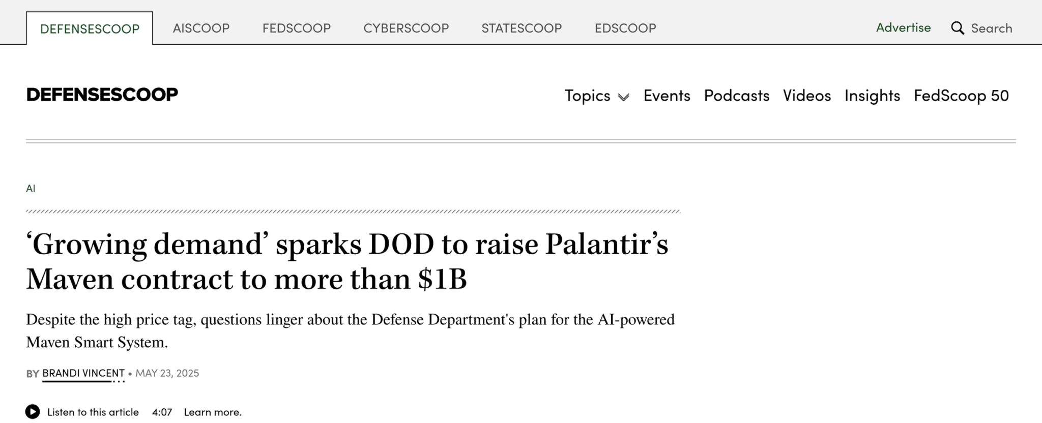 Публикация DefenseScoop о повышении потолка контракта Palantir по системе Maven