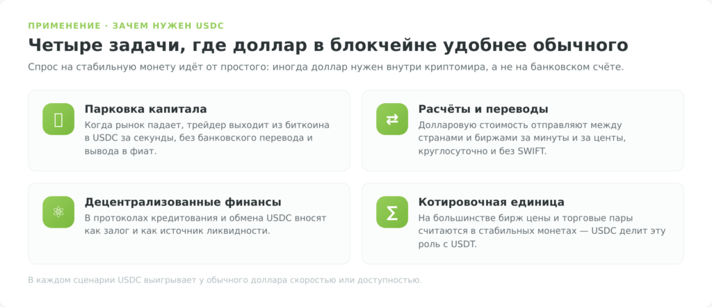 Сценарии применения криптовалюты USDC: парковка, переводы, DeFi, торговля