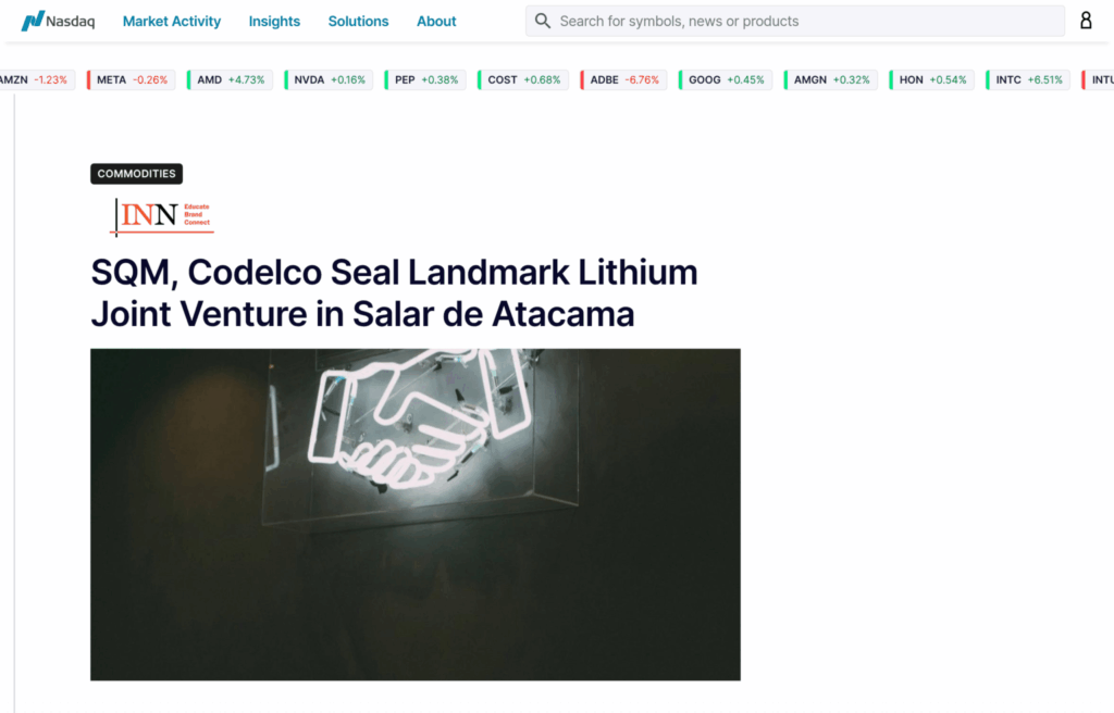 Новость о создании СП SQM и Codelco в деловом издании