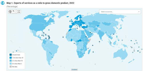 Экспорт услуг как доля ВВП по странам, 2022 г. (данные UNCTAD)