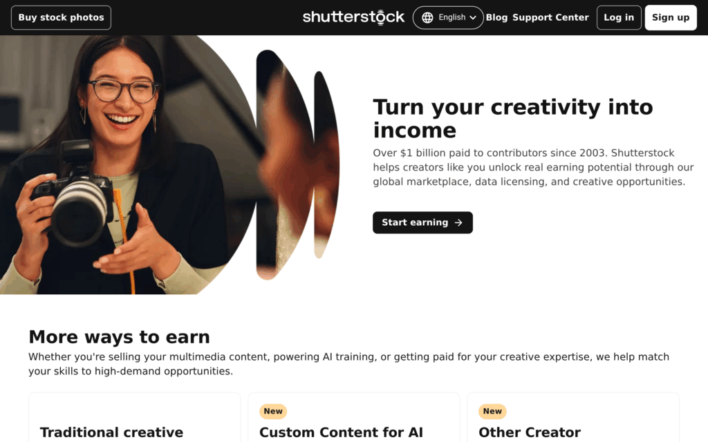 публичная страница Shutterstock для авторов фото и видео