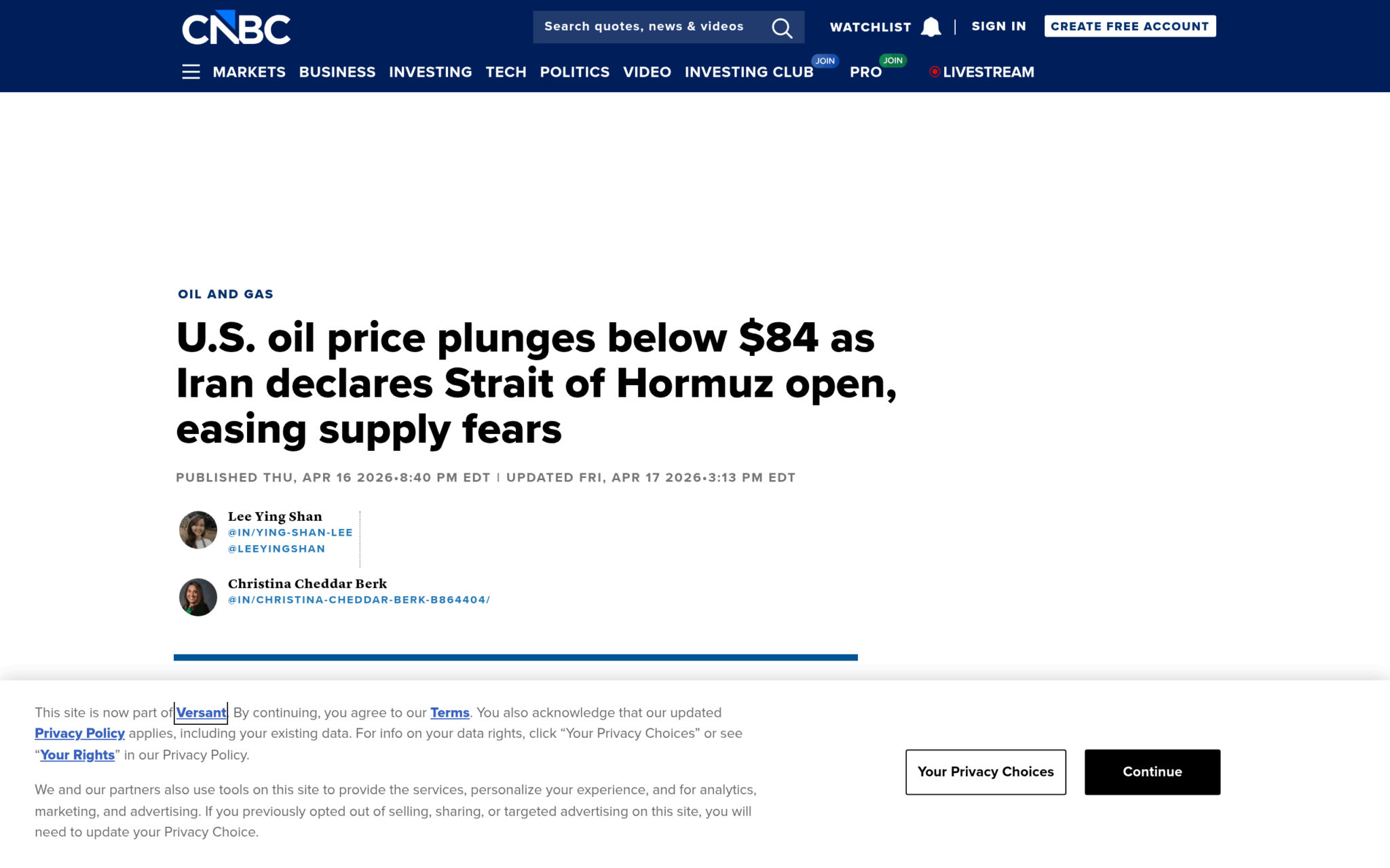 Скриншот CNBC: Brent упал на 9% после объявления об открытии Ормузского пролива