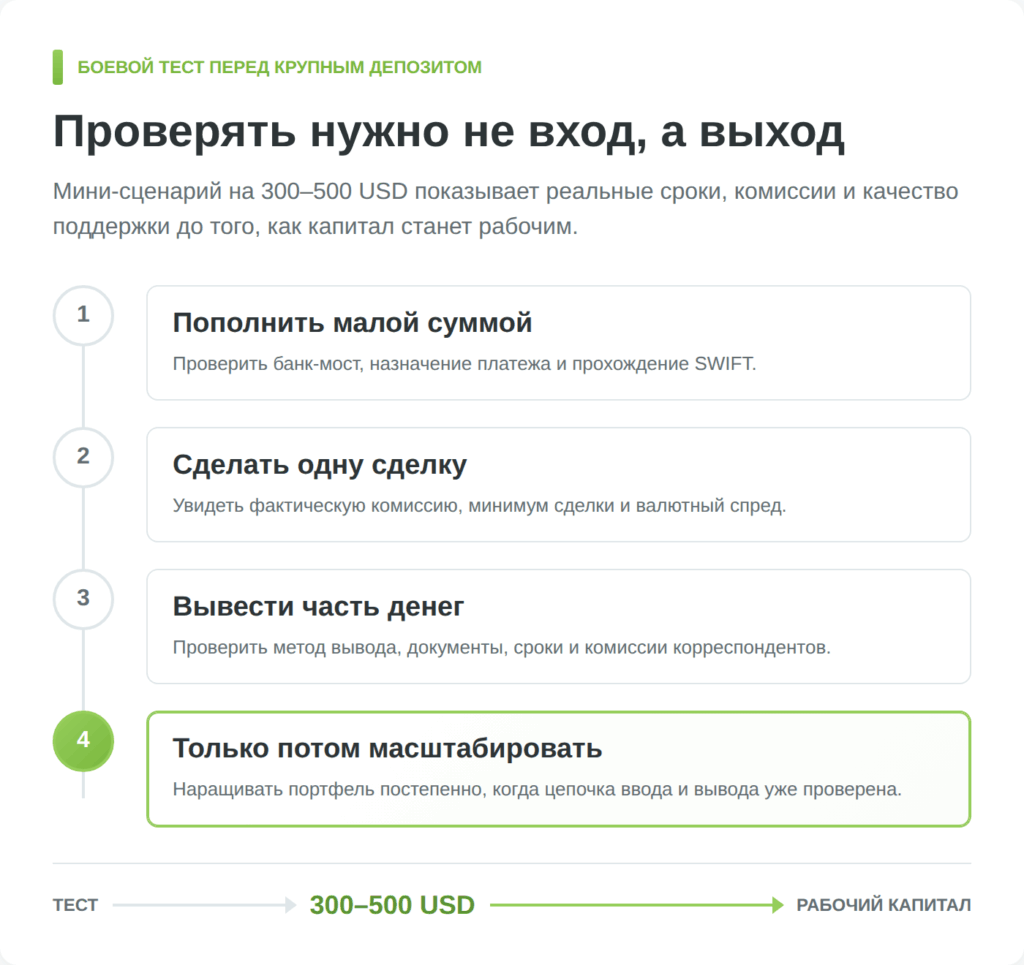 Тест вывода средств перед крупным депозитом у брокера