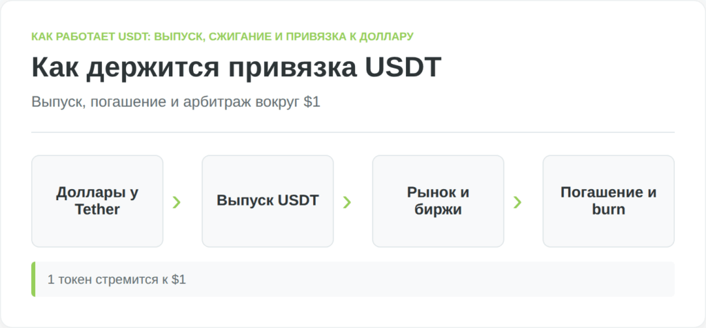 Схема выпуска и сжигания USDT и арбитража при отклонении от доллара