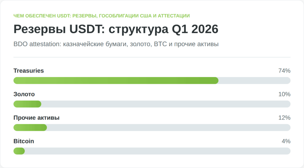 Инфографика показывает структуру резервов USDT по аттестации Tether за первый квартал 2026 года