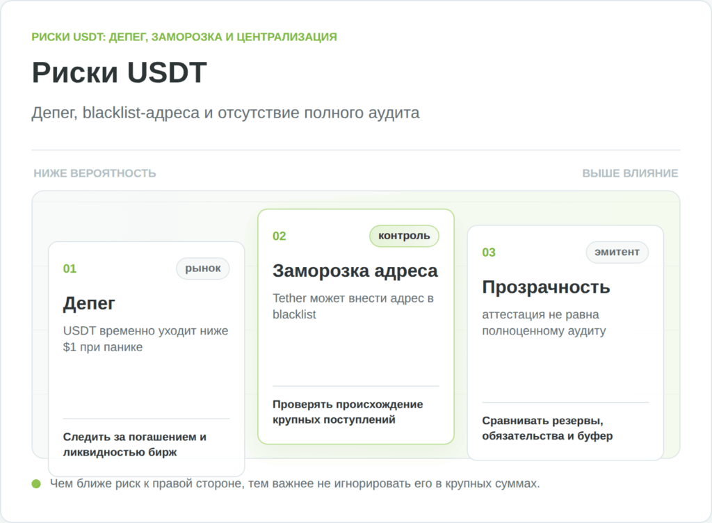 Матрица ключевых рисков USDT: депег, заморозка адресов и централизация