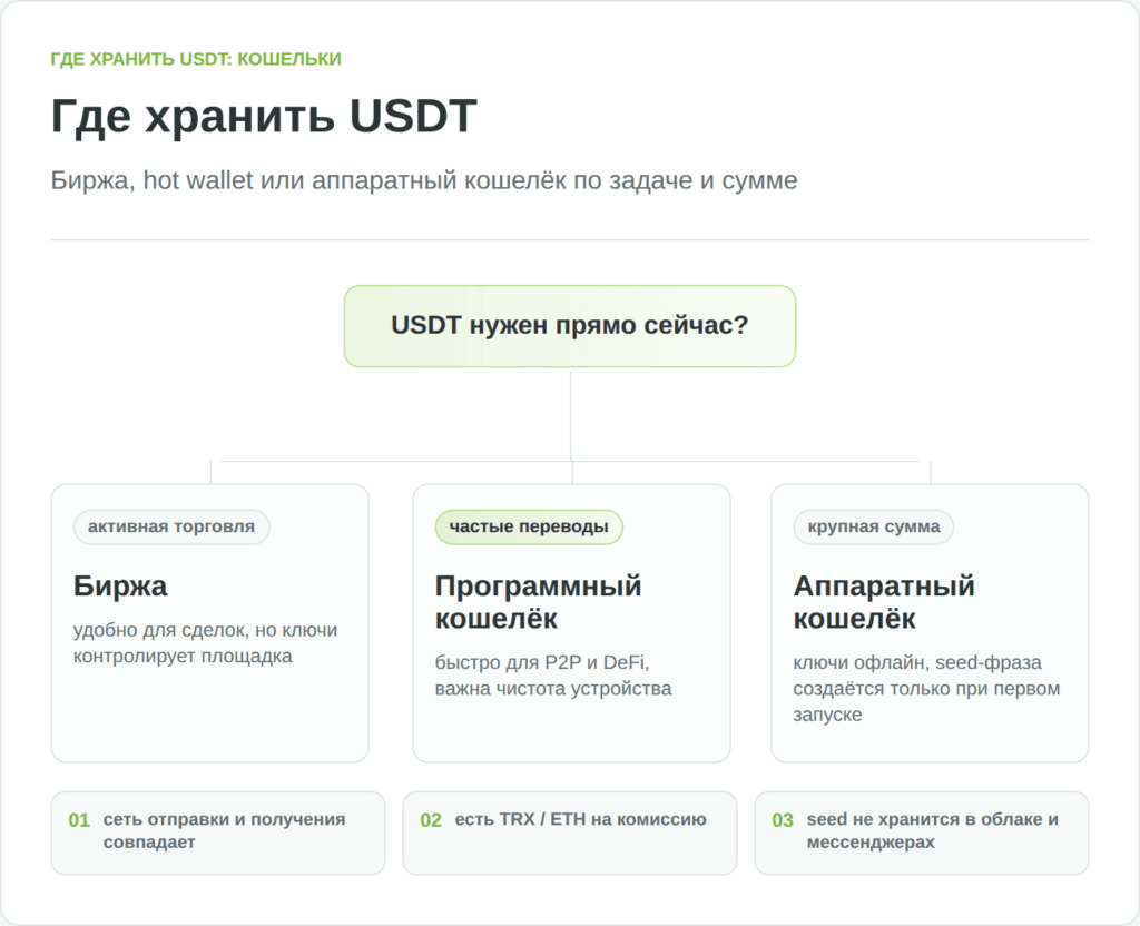 Дерево выбора способа хранения USDT: биржа, программный кошелёк или аппаратный кошелёк