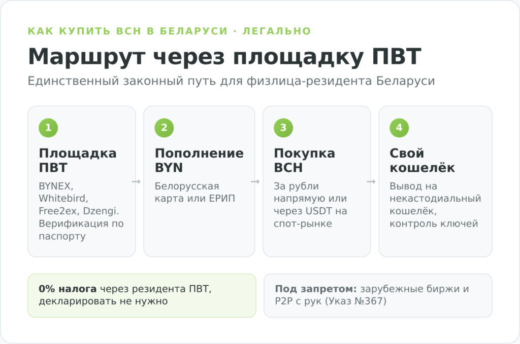 Инфографика: легальный маршрут покупки Bitcoin Cash в Беларуси через площадку ПВТ за BYN