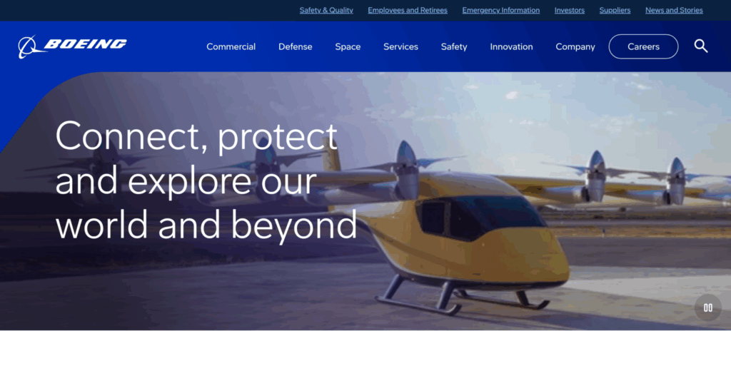 Официальная главная страница Boeing с навигацией по коммерческому, оборонному, космическому и сервисному бизнесу