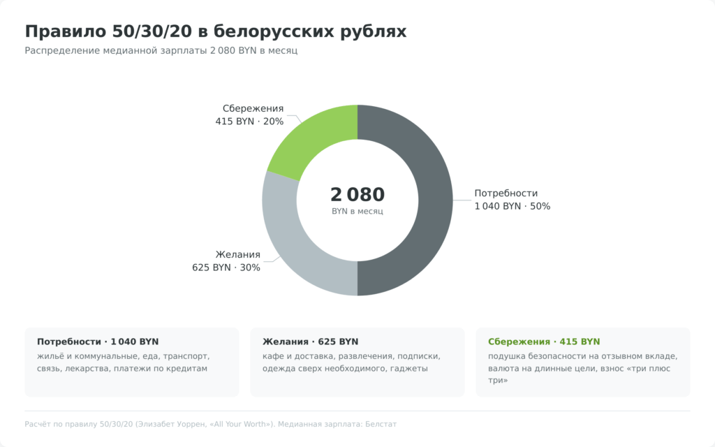 Личные финансы по правилу 50/30/20: распределение медианной зарплаты 2 080 BYN