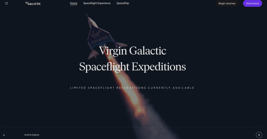 Главная страница Virgin Galactic с программой Spaceflight Expeditions