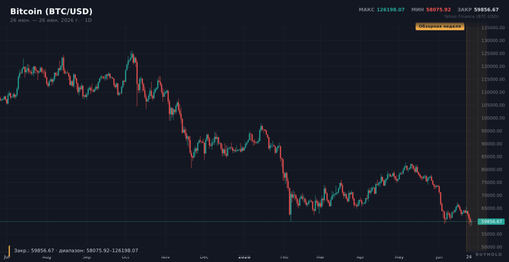 График Bitcoin (BTC/USD) за год — падение на 5,7% за неделю ниже 0 000, Extreme Fear
