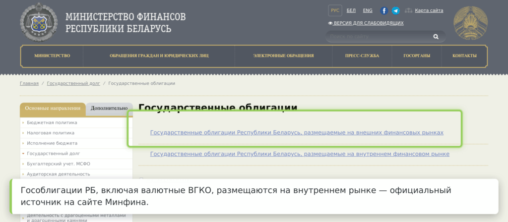 Государственные облигации и ВГКО на официальном сайте Министерства финансов Беларуси
