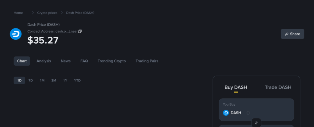 Страница Binance с ценой и торговыми парами Dash (DASH) в 2026 году
