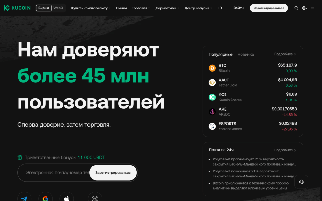 Главная страница KuCoin на русском языке — более 45 млн пользователей и популярные рынки