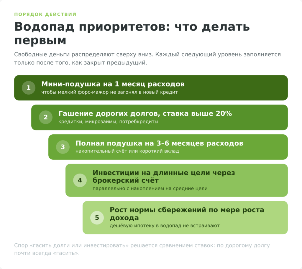Водопад приоритетов личного финансового плана из пяти шагов