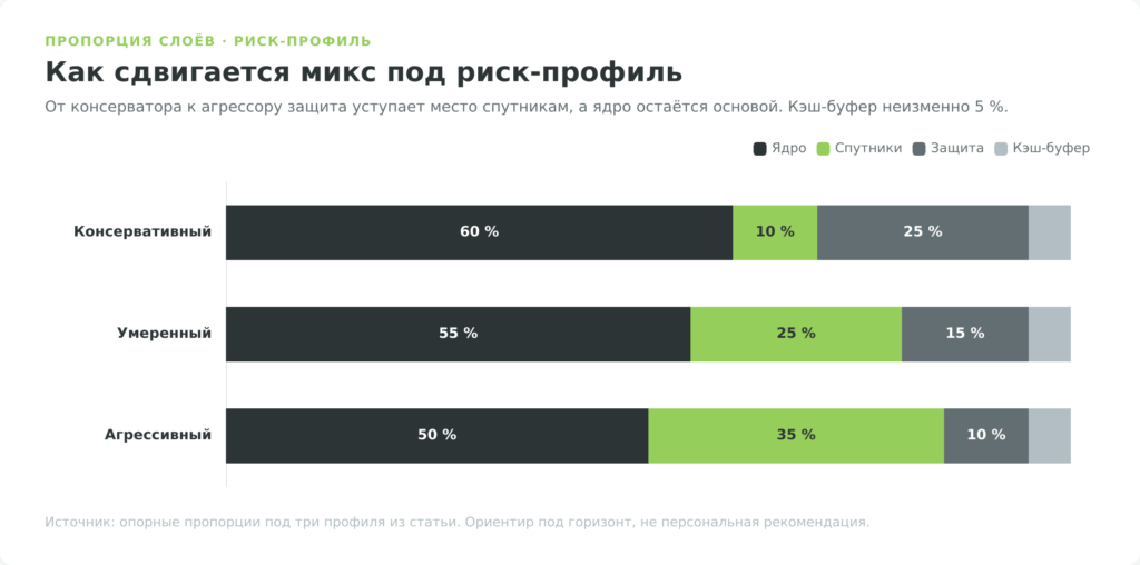 Распределение слоёв дивидендного портфеля по трём риск-профилям: консервативный, умеренный, агрессивный