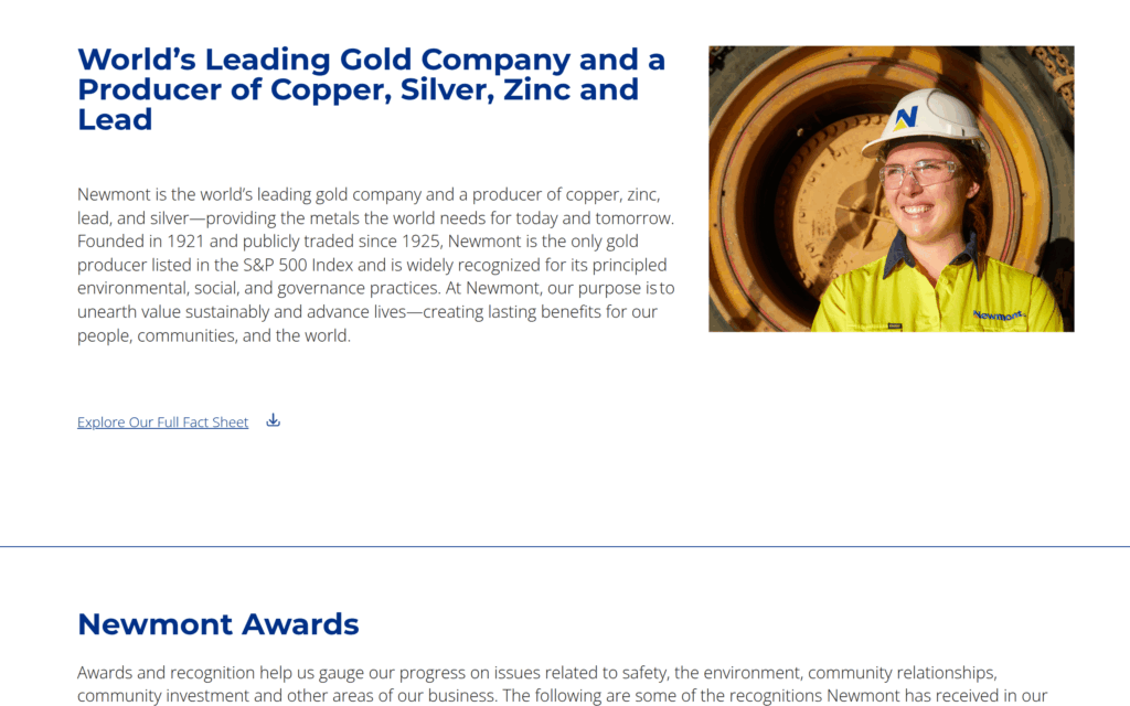 Страница About Us на официальном сайте Newmont