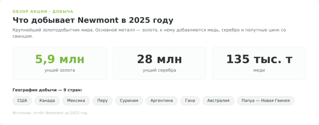 Структура добычи Newmont в 2025 году: золото, серебро, медь и география рудников