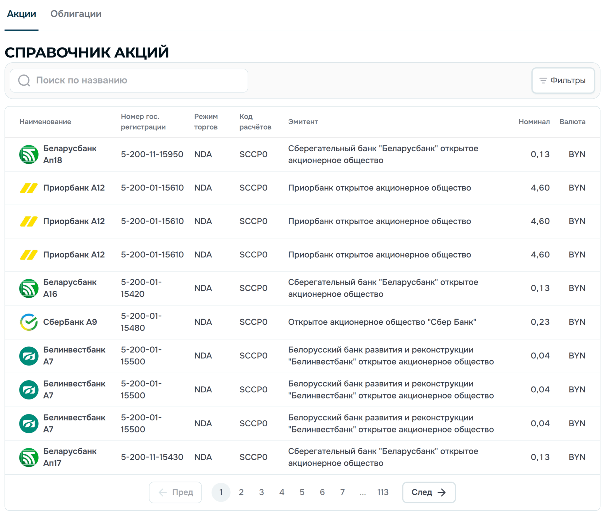Раздел «Справочник акций» в кабинете aigenis invest со 113 страницами бумаг, номером госрегистрации, режимом торгов NDA и кодом расчётов